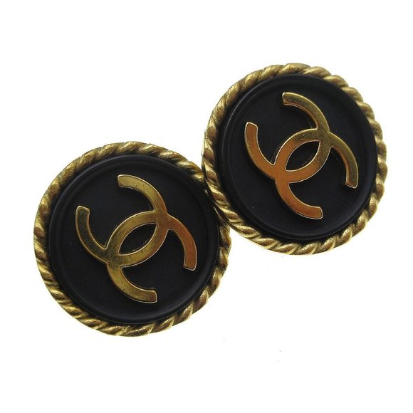 Auth Chanel Button Earrings Clip-On Black - Picture 2 of 5